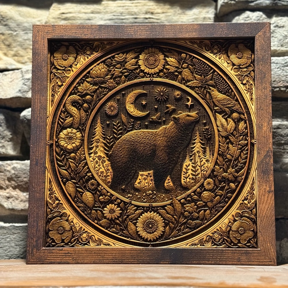 Botanical Bear Engraving – Rustic Wood Art in Shadow Box Frame